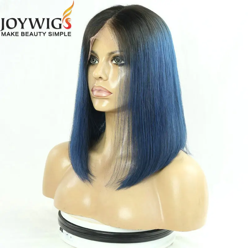 

Joywigs deep long parting 14inch 130% density short blue human hair short bob lace front wig for black women