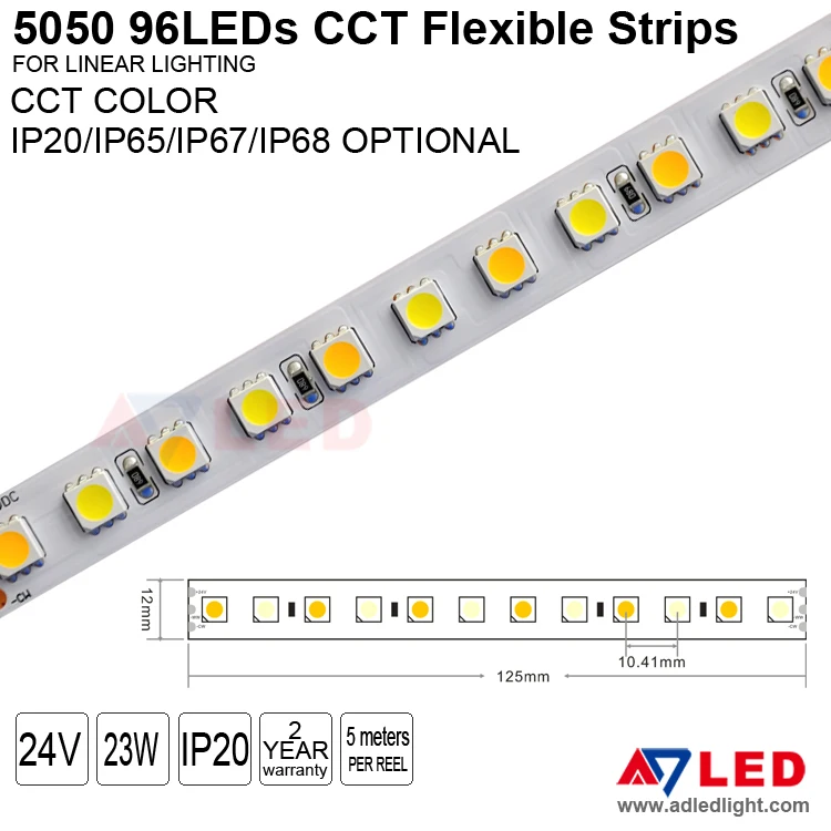 24vdc 96leds IP20 warm white cold white 5050 cct bicolor flexible led light strip