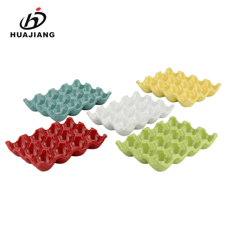 Square shape colorful ceramic egg holder tray for camping set