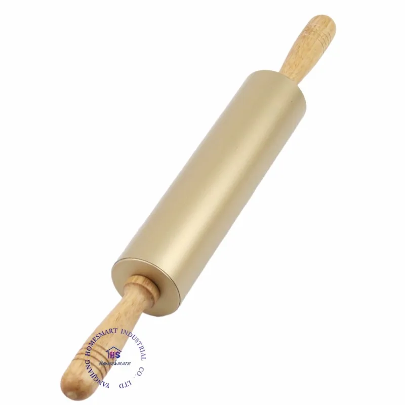 New Non Stick Golden Stainless Steel Rolling Pin With Wooden Handle For