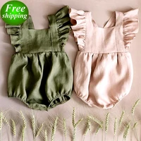 

free ship 2019 summer fly sleeved Baby Linen cotton Girls Jumpsuit rompers green pink bodysuits