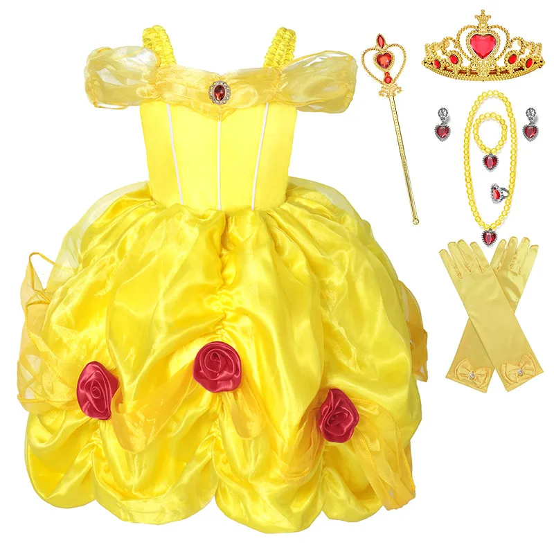 

Little Girls Elegant Fairy Princess Belle Costume Tea-Length off Shoulder Summer Party Dress Beauty and The Beast Gown, Yellow