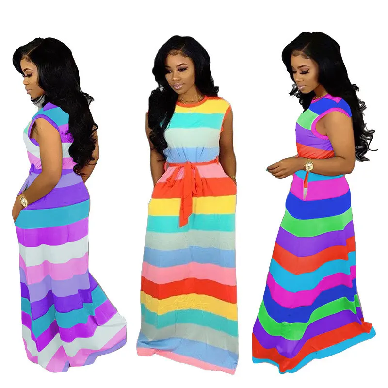 

MTY6186 Wholesale women lovely loose casual rainbow stripe maxi dress
