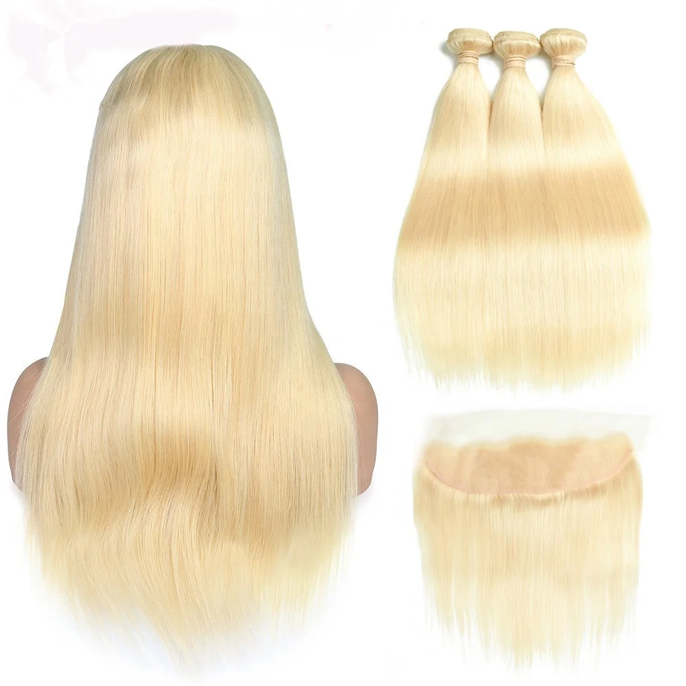 

HC 613 Blonde Straight Brazilian Hair Weave Human Hair Bundles with Closure 3PC Remy Hair and 1PC Lace Frontal Closure