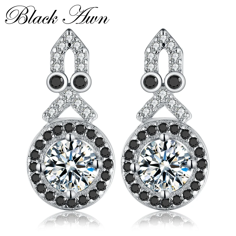 

[BLACK AWN] Luxury Genuine 925 Sterling Silver Black&White Female Earring Fine Jewelry Engagement Stud Earrings for Women T008