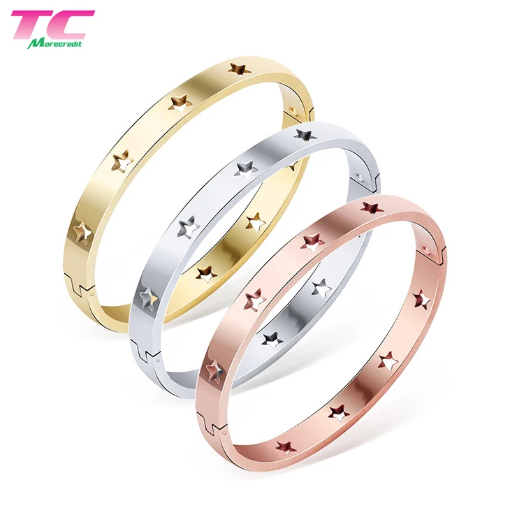 

Polished Stars Stainless Steel Bracelet Classical Band Bangle for Women, Gold;rose gold and stainless steel color