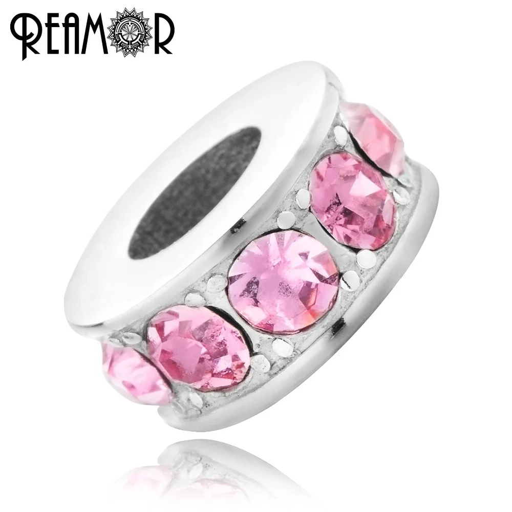 

REAMOR Luxury Pink Blue Shine Crystal Beads Stainless steel Spacer Charm Beads for Women Bracelets Necklace DIY Jewelry Making