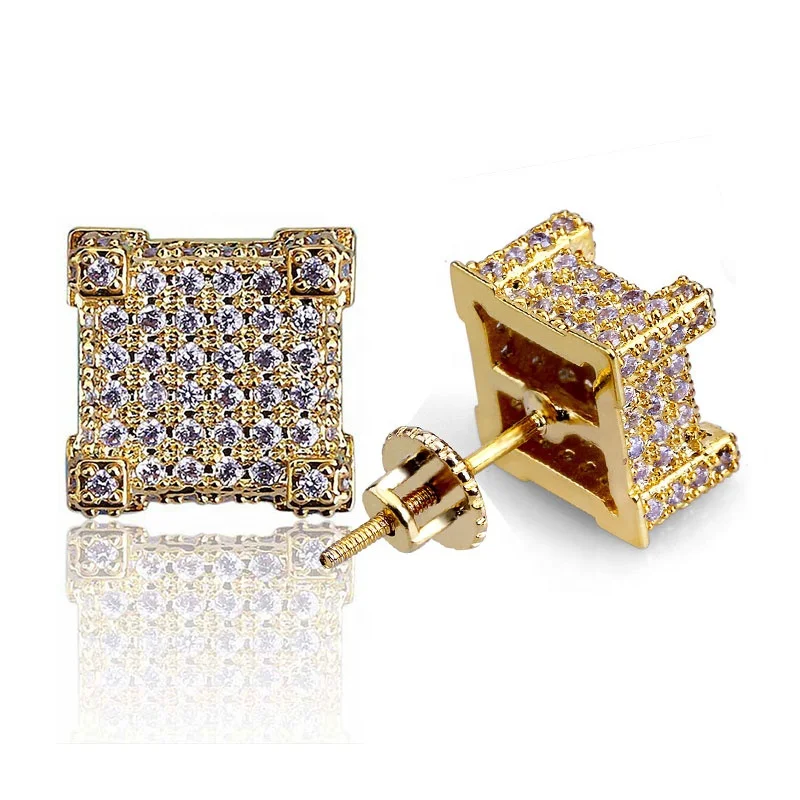

HipHop New Fashion Iced Out Bling Stud Earrings Gold Color Micro Pave Cubic Zircon Square Stud Earring For Men & Women, Red blue white