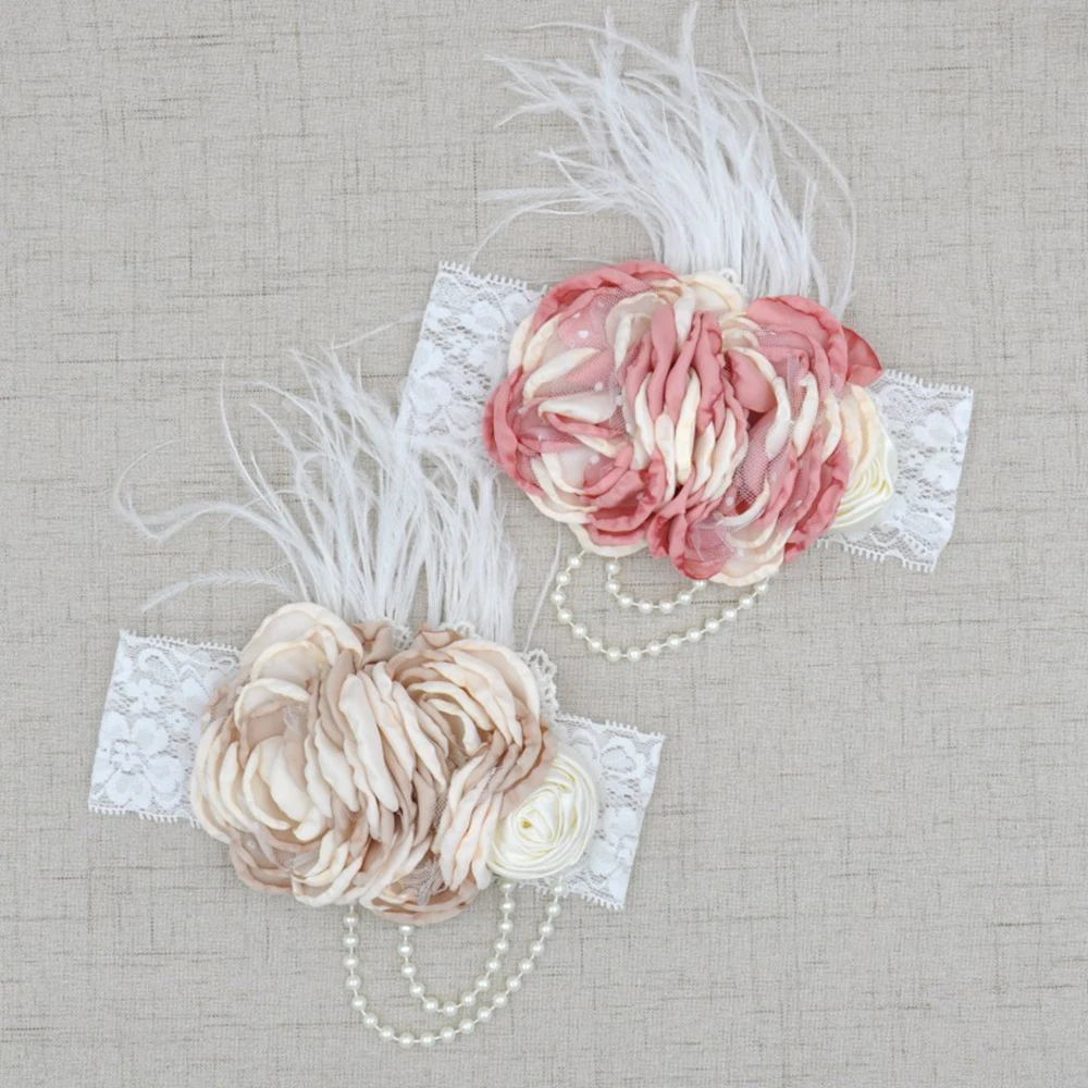 

Custom Logo Children Elastic Lace Headbands Layered Satin Flower Baby Headbands With Feather Pearl, Picture