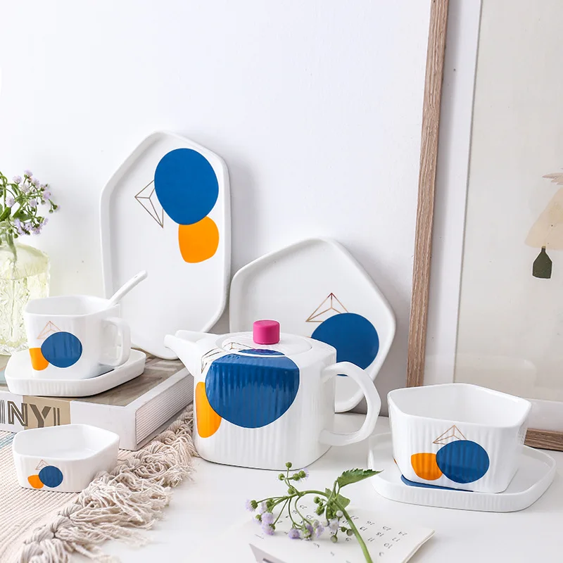 

Unique Polygon Design Modern Korean Ceramic Tableware Spoon Fork Plate Cup Bowl 6pcs Set