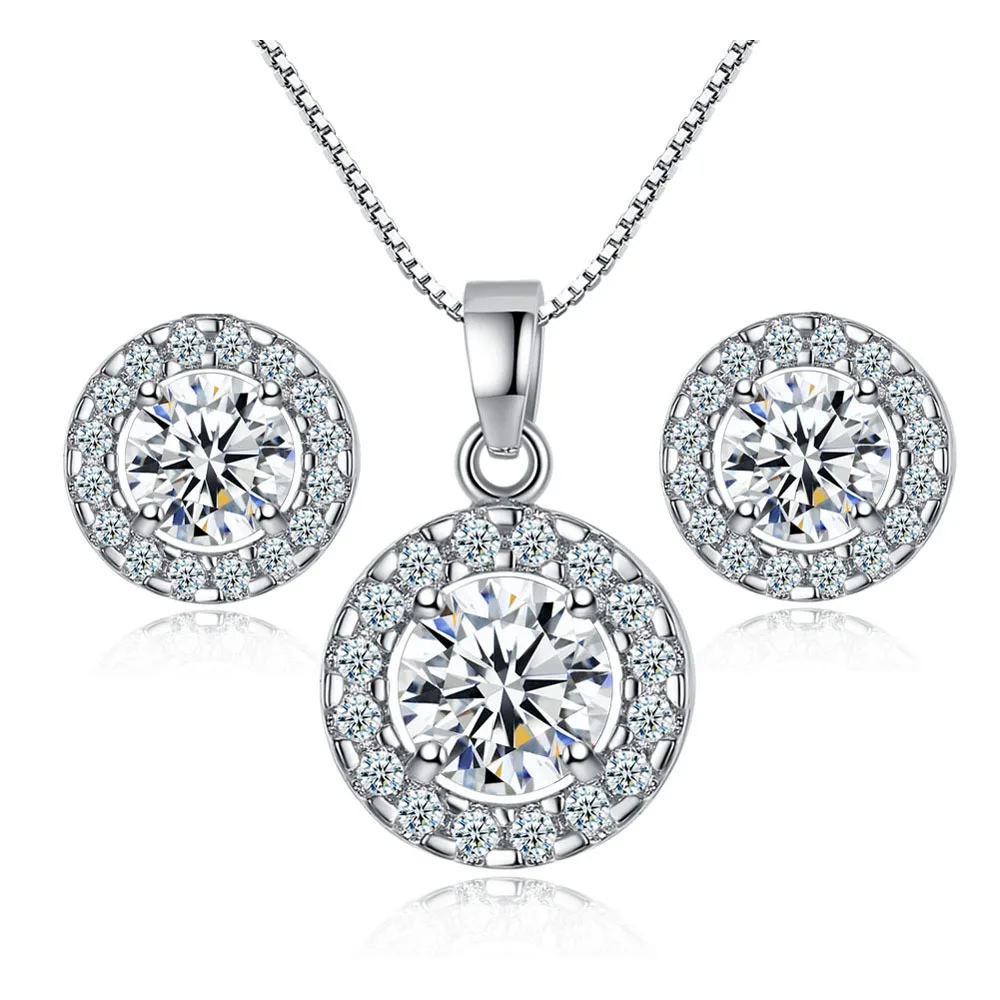 

Aliexpress Hotsale Bridal 18K White Gold Plated Round Cut Clear Crystal Cubic Zirconia CZ Earrings Necklace Wedding Jewelry Set, Picture