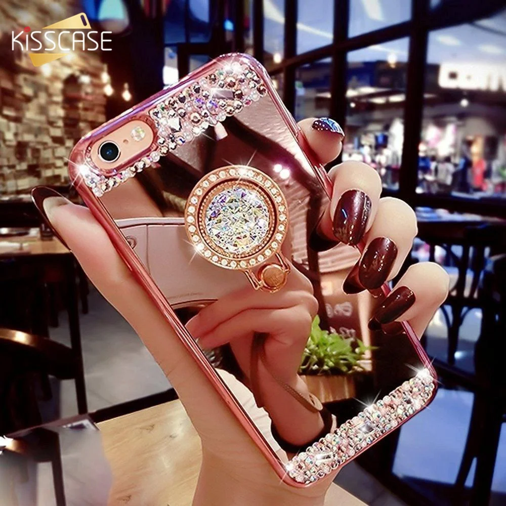 KISSCASE Diamond Plated Mirror Phone Case For iPhone X 6 6S 7 8 Plus 5S Cover Finger Ring Holder Stand Case