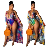 

Latest fashion v-neck sexy leaves print one-piece women beachwear swimsuit with cover up set