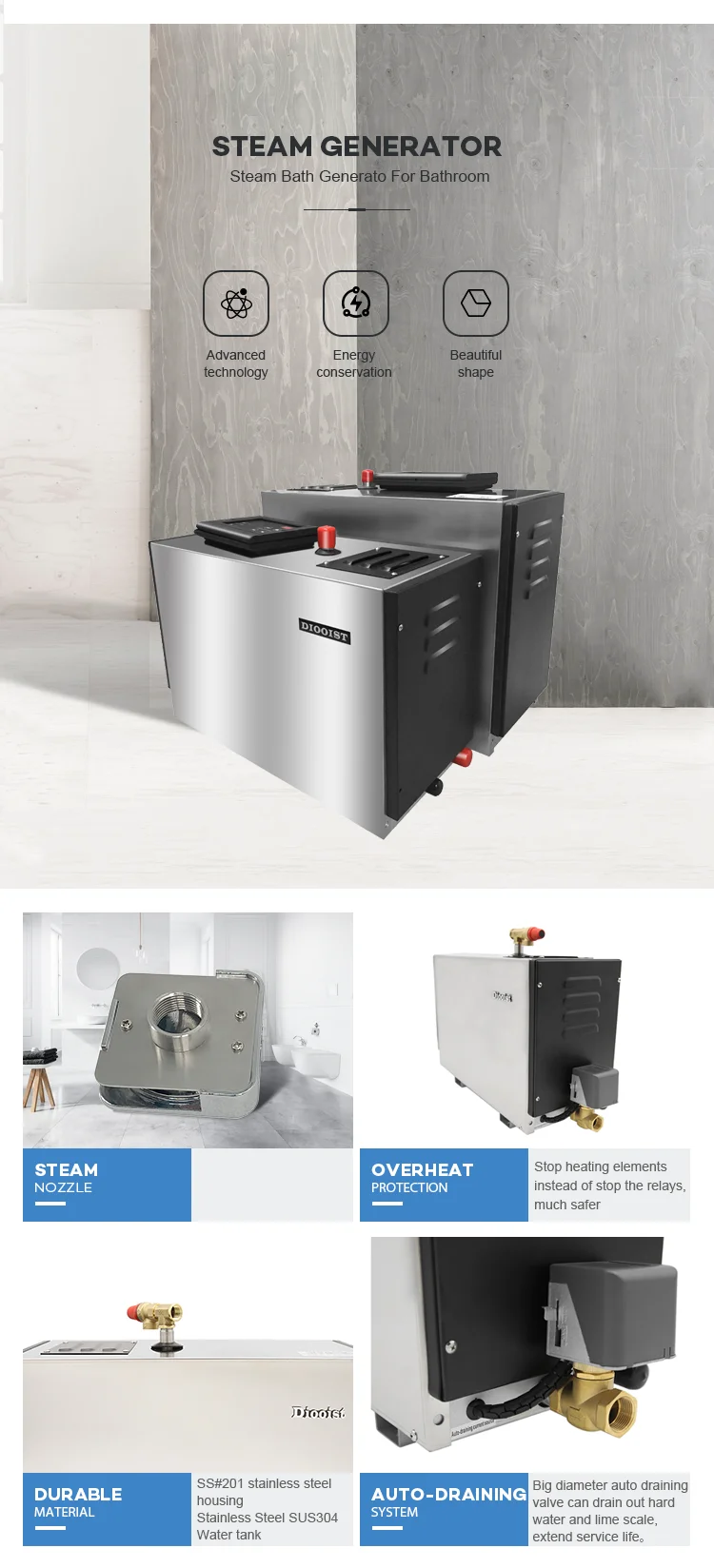 High Quality 6KW Stainless Steel Steam Sauna Bath Generator With Auto Descaling Device