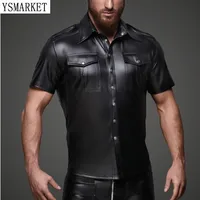 

YSMARKET Mens PU Faux leather Blouse Shirts Pocket Button Detail Party Clubwear Black Top Tees Tight Sexy Latex Male Clothing