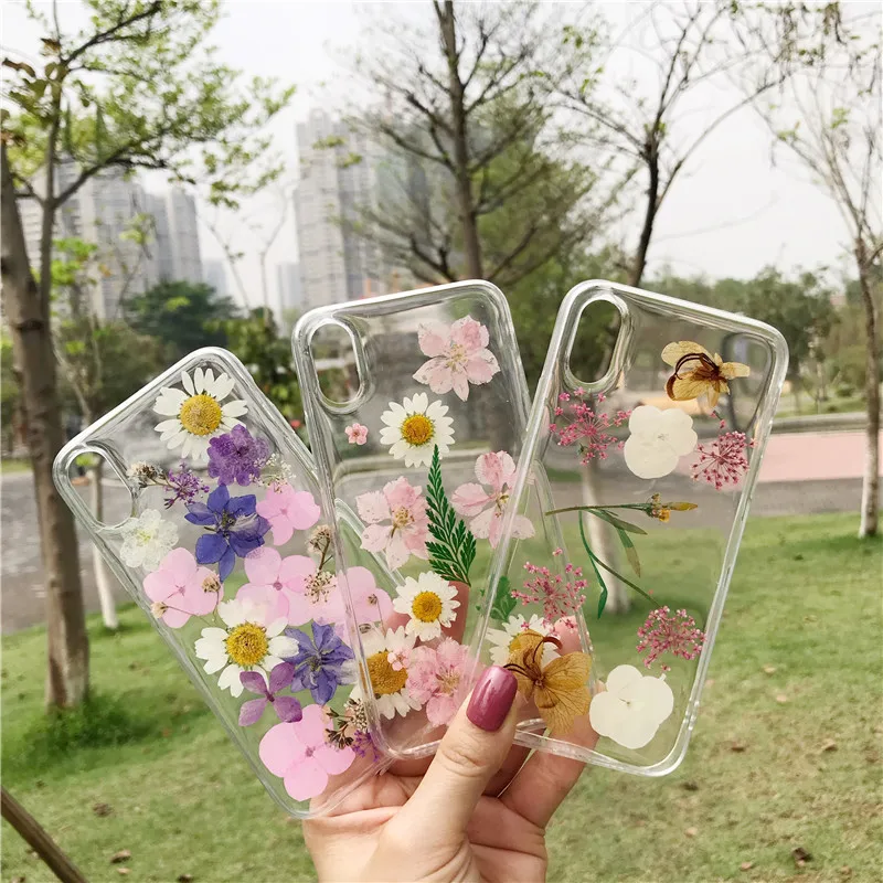 

For iPhone Xs Max X XR 6s 7 8 Plus Dual Layer Hybrid Protection Case with Real Dried Pressed Flower, Clear