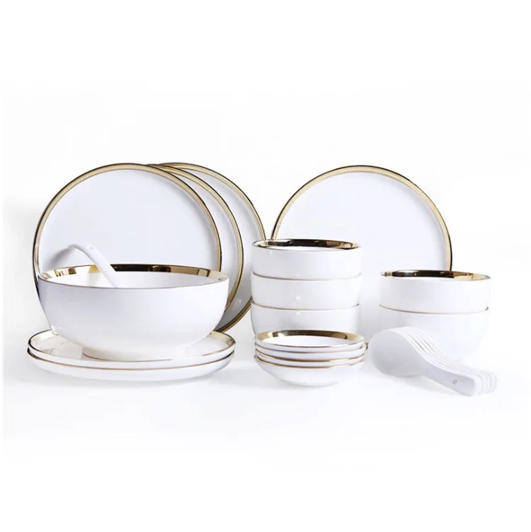

Hot sale 26pcs white gold Dinner Set Restaurant Plates Fine Porcelain Ceramic Tableware, White gold rim