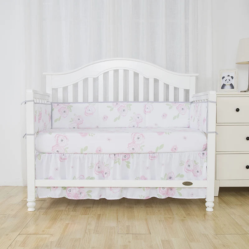 Pink Flowers Printing Microfiber Polyester Baby Ruffled Crib Skirt