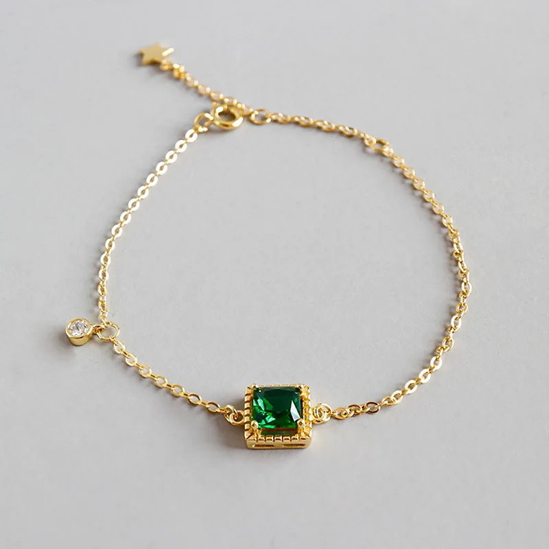 

Japan Korea style Handmade Emerald zircon 18K gold plated S925 sterling silver bracelet