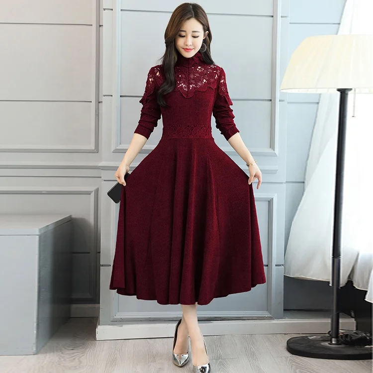 Wholesale European and American Women Fashion 2019 Vintage knit Maxi Lace dress
