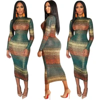 

SC8289 women trending printed long sleeve bodycon maxi dress