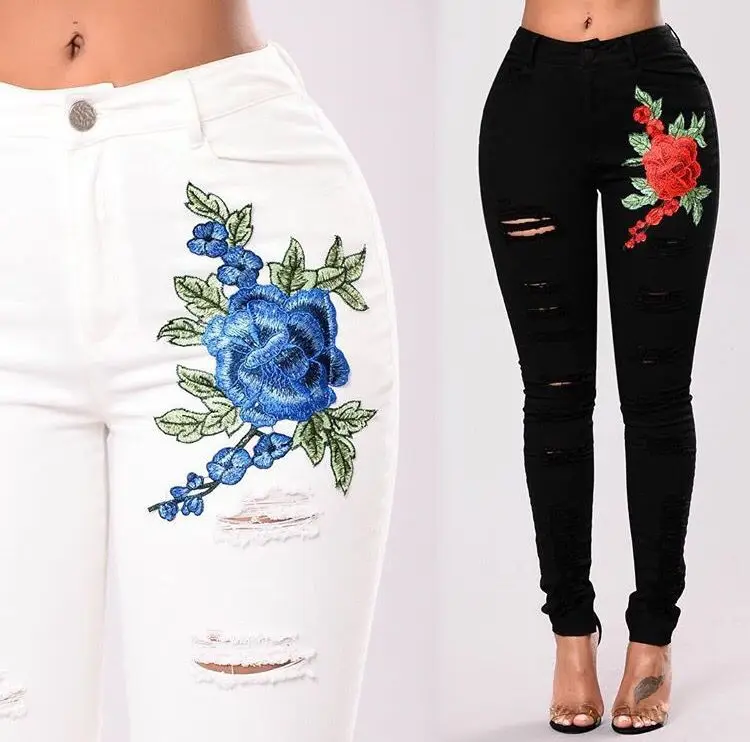 Women Stretch High Waist Skinny Embroidery Jeans Without Ripped Woman Floral Holes Denim Pants Trousers Women Jeans Pencil Pants