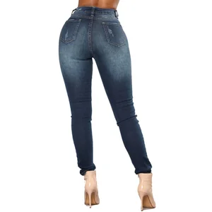 Ladies Denim Pants Faded Wash Destroyed Casual Skinny Ripped Dneim Jeans Women