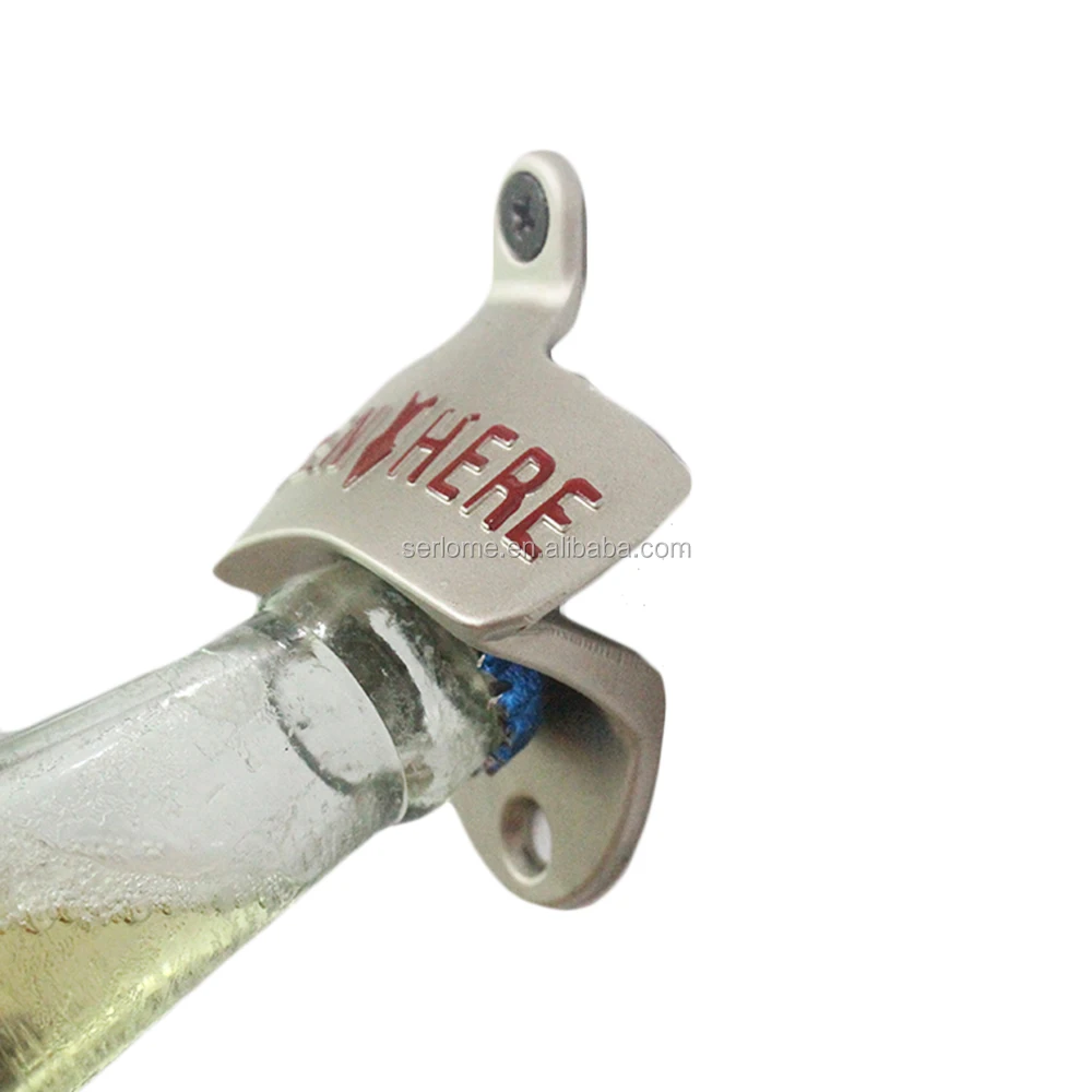
Matted Nickel Zinc Alloy Metal Embossed OPEN HERE Wall Mount Stationary Bottle Opener 