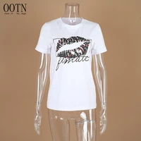 

OOTN Femme Short Sleeve Tops Floral Chemise Female Casual 2020 Tee Shirt Women White T Shirts Sexy Lips Print Summer Tshirts