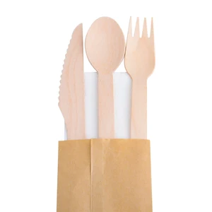 Image of DSYP01 16cm Knife Fork Spoon Set Brown Paper Bag Includes Napkin Disposable Wooden Cutlery Set