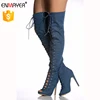Dark blue jean boots,woman fancy jean over knee boots,stiletto heel boot shoes