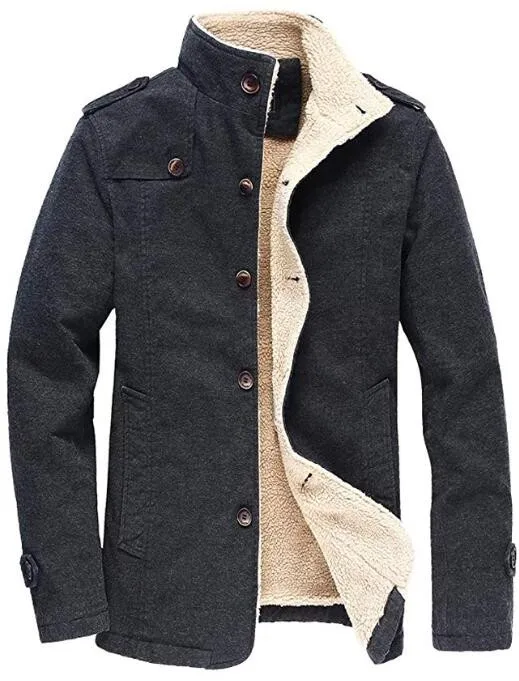 Men's Winter Fleece Windproof Jacket Wool Outerwear Single Breasted ...