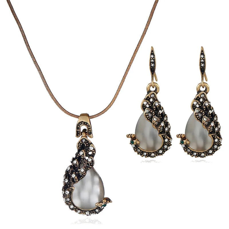 

Vintage Indian Jewelry Sets Gold Plated Teardrop Opal Pendant Necklace Earring Sets For Women, As picture