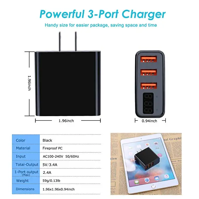 USB Wall Charger 3.4A/5V 3-Port USB Charger Block Fast Travel Plug Adapter with Volt LED Display Compatible iPhone  samsung