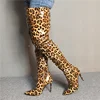 Sexy High Heel Pointed Toe Stiletto Over The Knee Leopard Print Patent Leather Women Super Long Boots