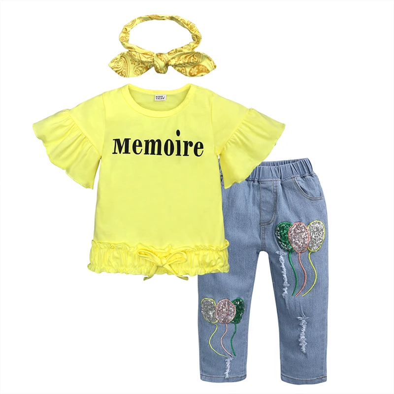 

Yellow letter tops + paillette Jeans 2pcs girls summer boutique clothing kids clothing girls clothes set, As picture