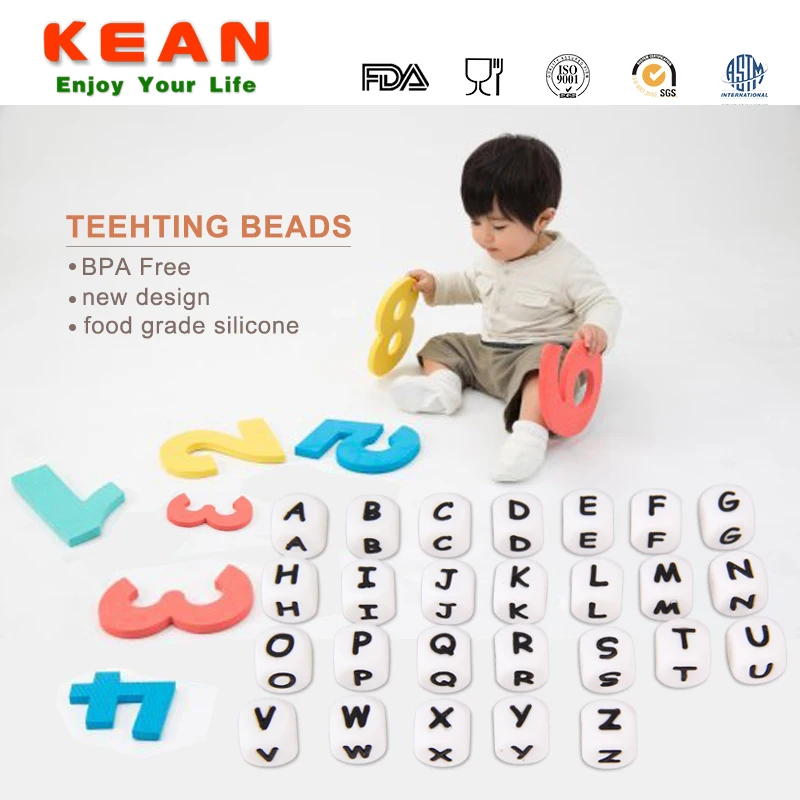 
New Items Fashion Beautiful Colorful Keychain Bpa Free Silicone Teething Letter Beads 