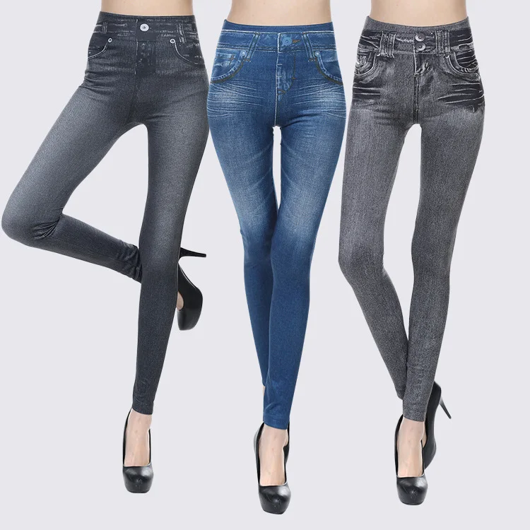 Wholesale Seamless Fake Jeans Denim Leggings High Waist Polyester ...