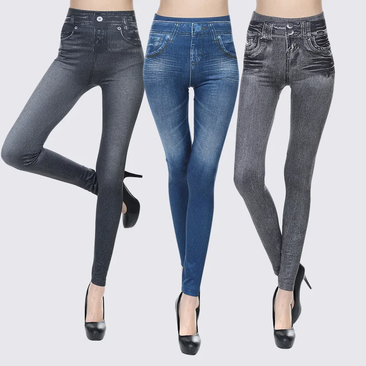 Wholesale Seamless Fake Jeans Denim Leggings High Waist Polyester