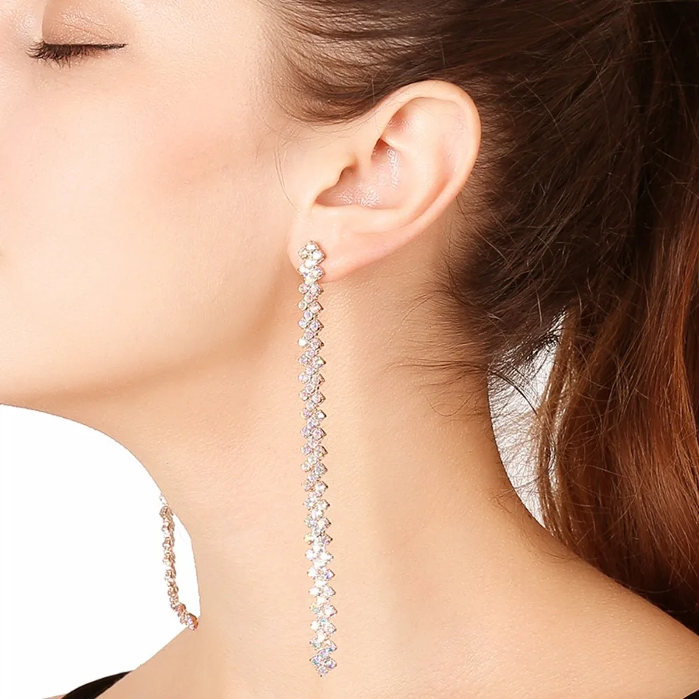 

Fashion Women Punk Gold Plated Diamond Stud Earrings Long Chain Crystal Rhinestone Earrings, White,colorful