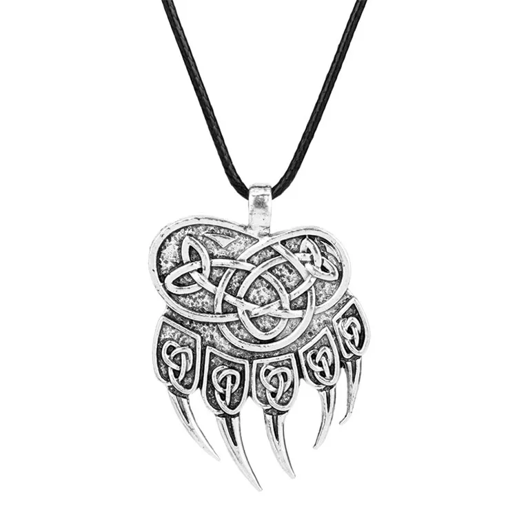 

Black Rope Chain Veles God Symbol Warding Viking Bear Paw Pendant Necklace, Silver