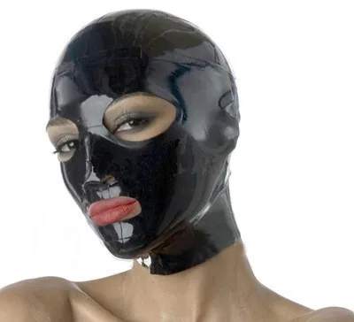 2015 new fashion black latex uniform hood fetish rubber mask