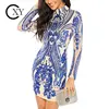 Custom Made Women Fashion Blue High Neck Long Sleeve Sequin Bodycon Mini Dress