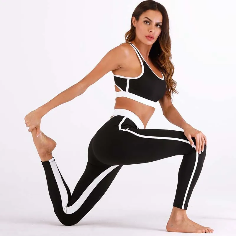 

Fashion yoga set private label fitness wear sets woman black and blue color simple fitness and yoga wear woman