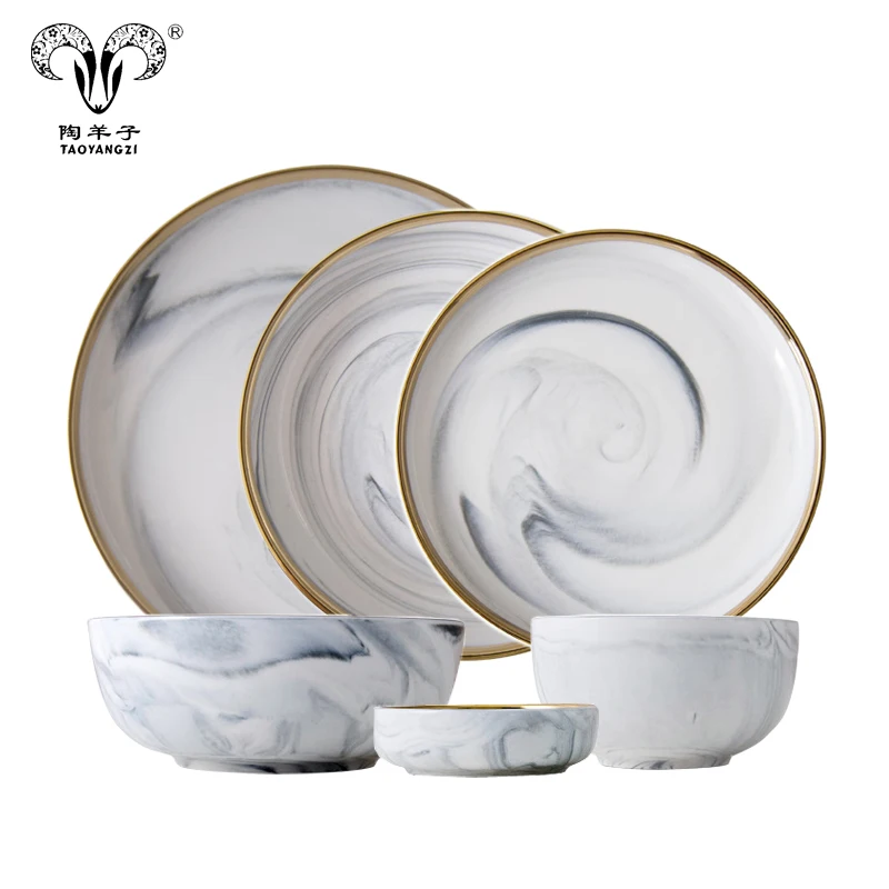 

Hot selling 2018 new design tableware marble Porcelain Ceramic Wedding Charger Plate set dinnerware set, White, gold