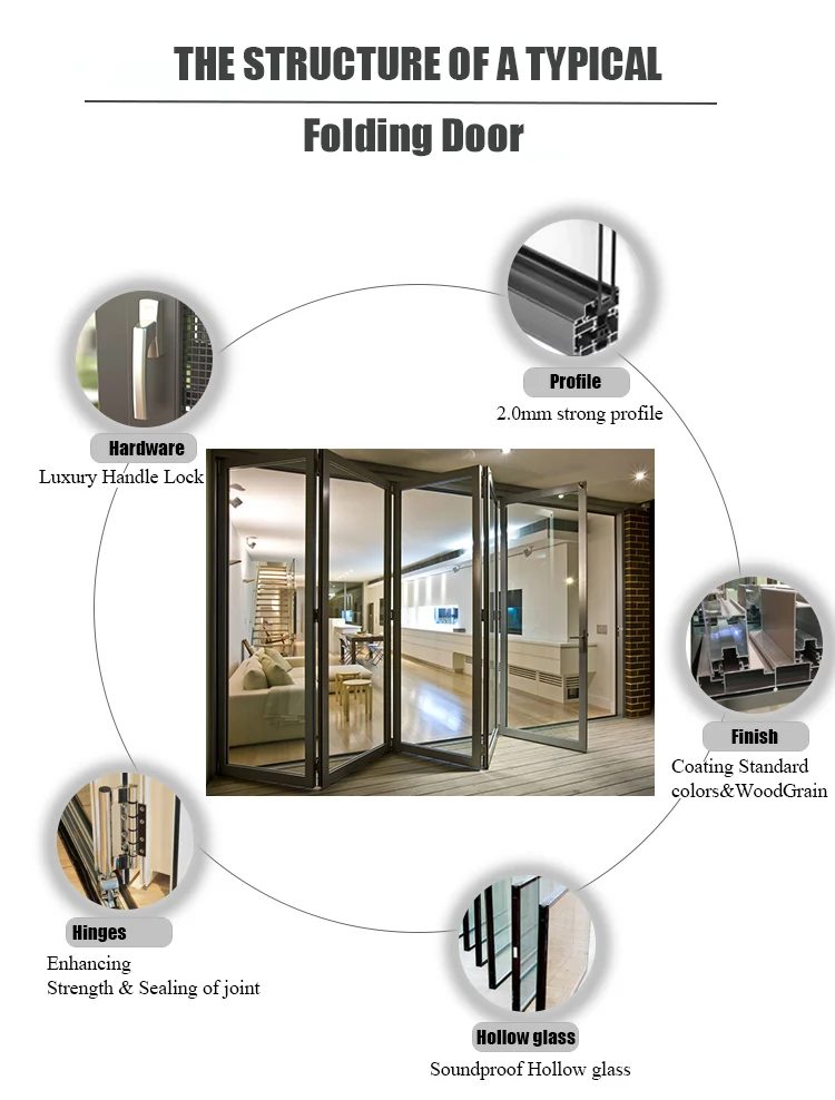 Safety design soundproof Indoor living room bi bifold profile door accordion interior glass aluminum folding doors