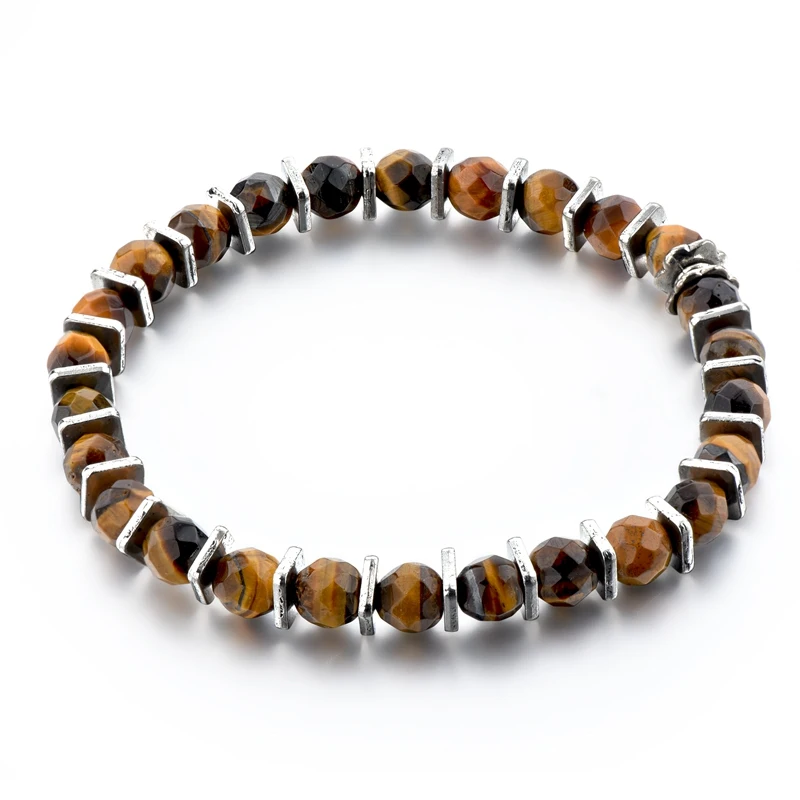 

Wholesale 6mm round shape faceted tiger eye stone bracelet hematite spacer piece adjustable bead bracelet, Brown