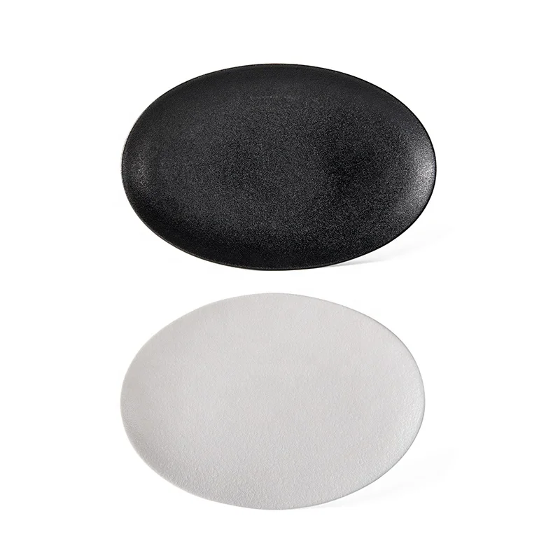 

low MOQ factory cheap price 8 / 10 / 12 / 14 inch oval shape china ceramic porcelain dinner plate & dishes, Black & white