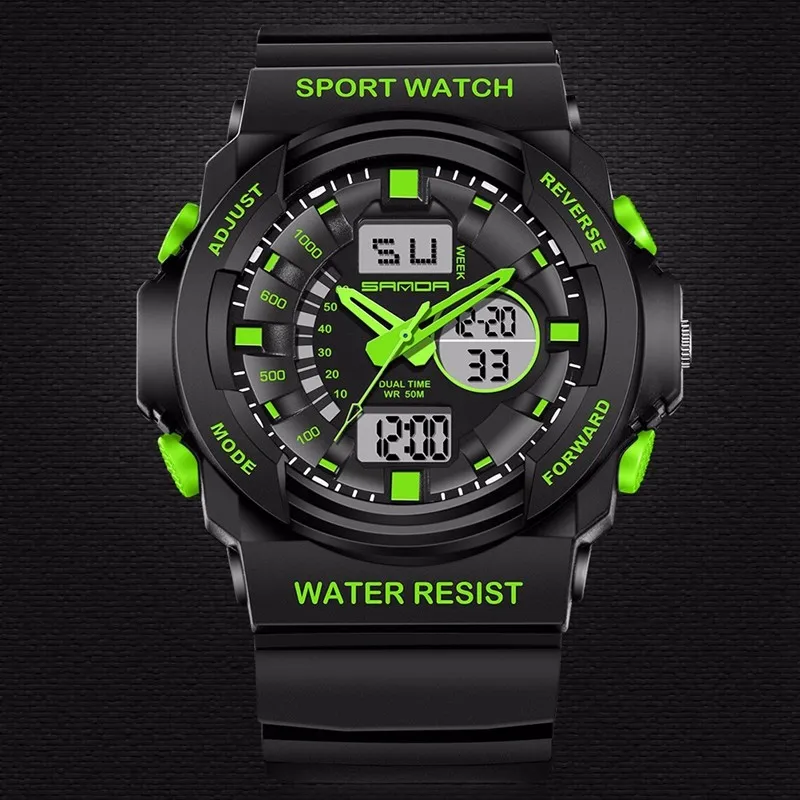 

2017 Hot Men Sports Watches Outdoor Waterproof Dive Shock Chronograph Dual Time Quartz Analog Digital Led Sanda Military Watch