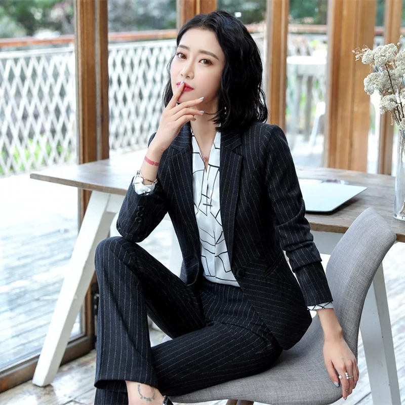 

Good quality office ladies pant and skirt Suit Slim fit fashion formal career dress women elegant Uniform workwear, Dark blue / grey